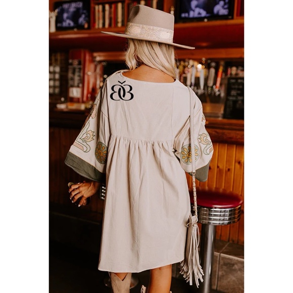 Beige & Green Boho Embroidered V Neck 3/4 Sleeve Babydoll Mini Dress - Picture 5 of 16